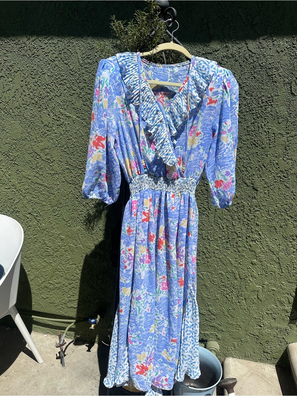 Vintage Blue Floral Ruffle V-Neck Smocked Waist Dress